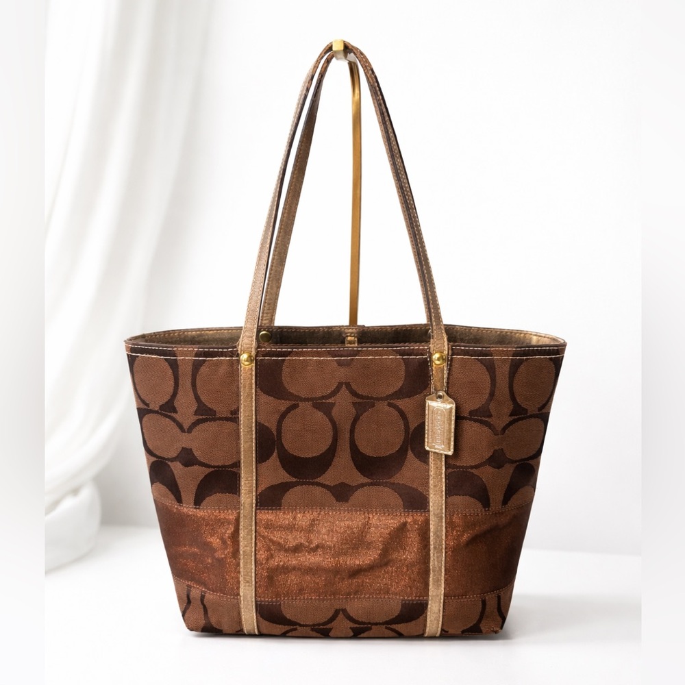 COACH Signature Stripe Tote Bag Brown Canvas Metallic Copper Trim Handbag